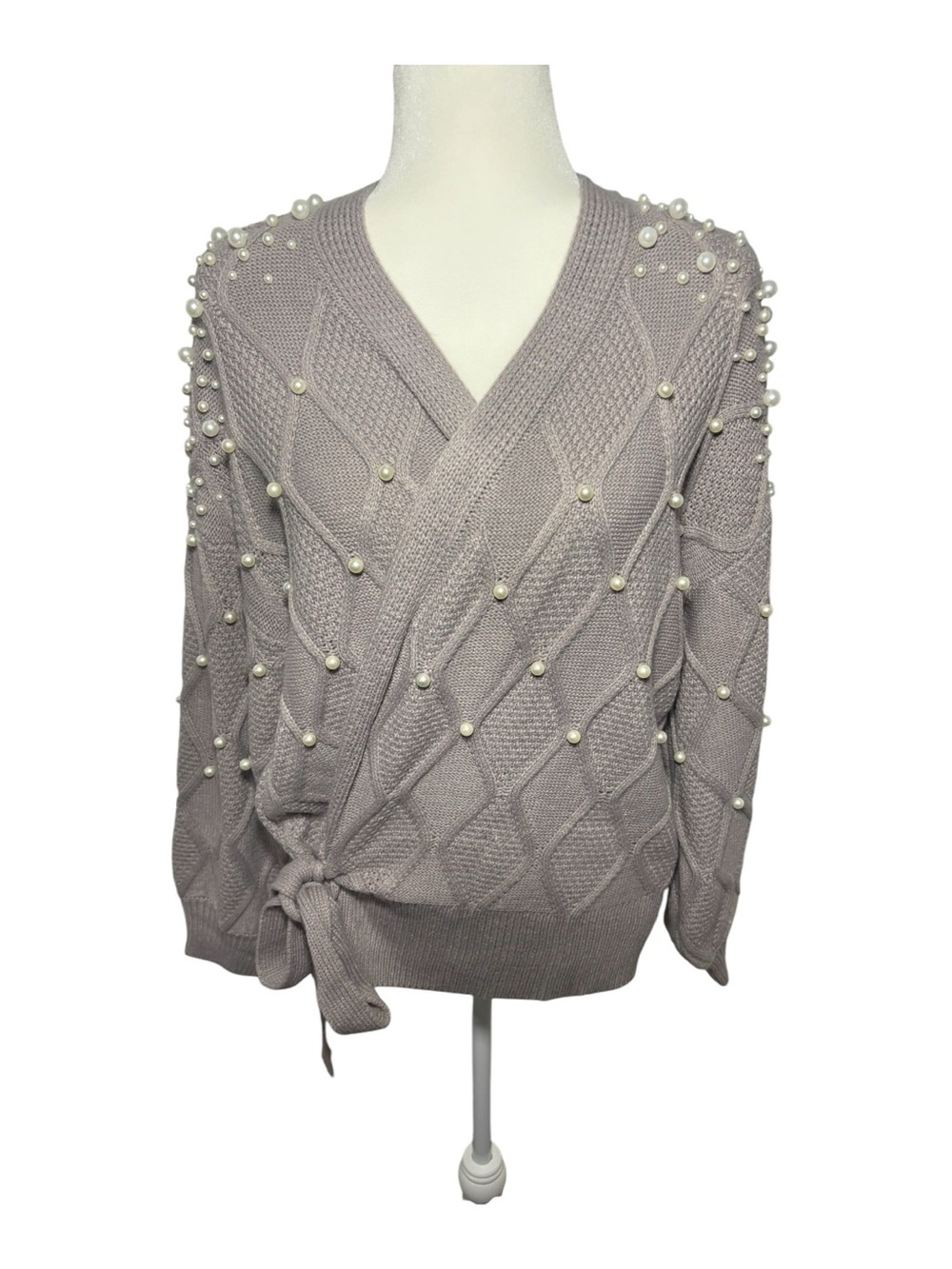 Vici Gray Pearl Embellished Wrap-Tie Long Sleeve Sweater Sz Medium